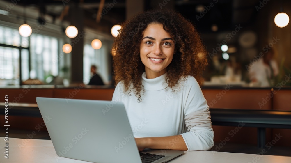 Photo of joyful nice woman using laptop. Beautiful Businesswoman typing on laptop. Photo of joyful nice woman using laptop. Beautiful Businesswoman typing on laptop.