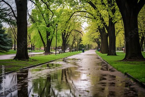 Fototapeta Naklejka Na Ścianę i Meble -  Spring park with puddles on the alley after rain