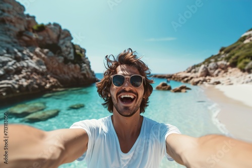 excited Handsome man taking selfie in the beach © senyumanmu