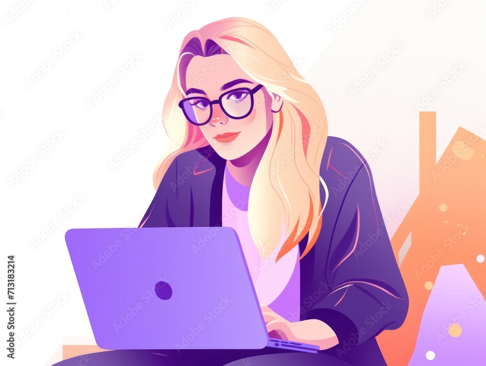 Illustration of joyful nice woman using laptop. Beautiful Businesswoman typing on laptop. Illustration of joyful nice woman using laptop. Beautiful Businesswoman typing on laptop.