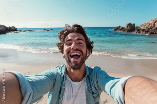 excited Handsome man taking selfie in the beach
