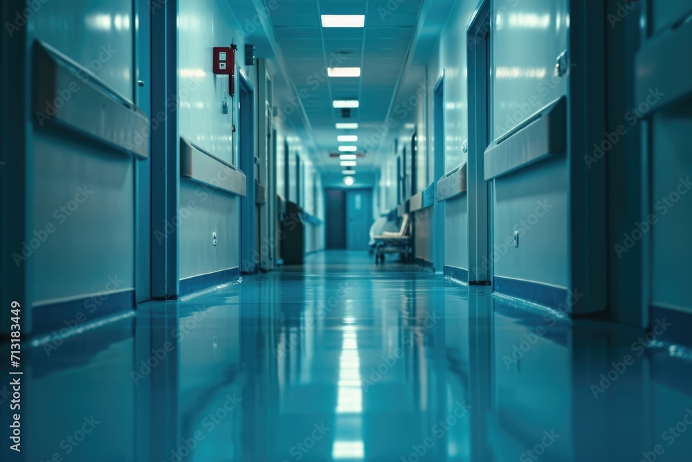 Fototapeta premium A long hallway with a bench in the middle. Suitable for interior design or architectural concepts