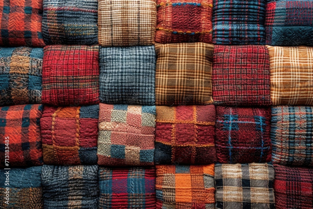 A vibrant assortment of plaid fabrics in various colors piled together in a harmonious display of patterns and textures A vibrant assortment of plaid fabrics in various colors piled together in a harmonious display of patterns and textures