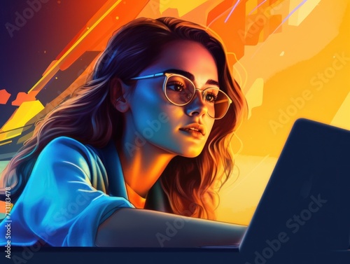 Illustration of joyful nice woman using laptop. Beautiful Businesswoman typing on laptop.