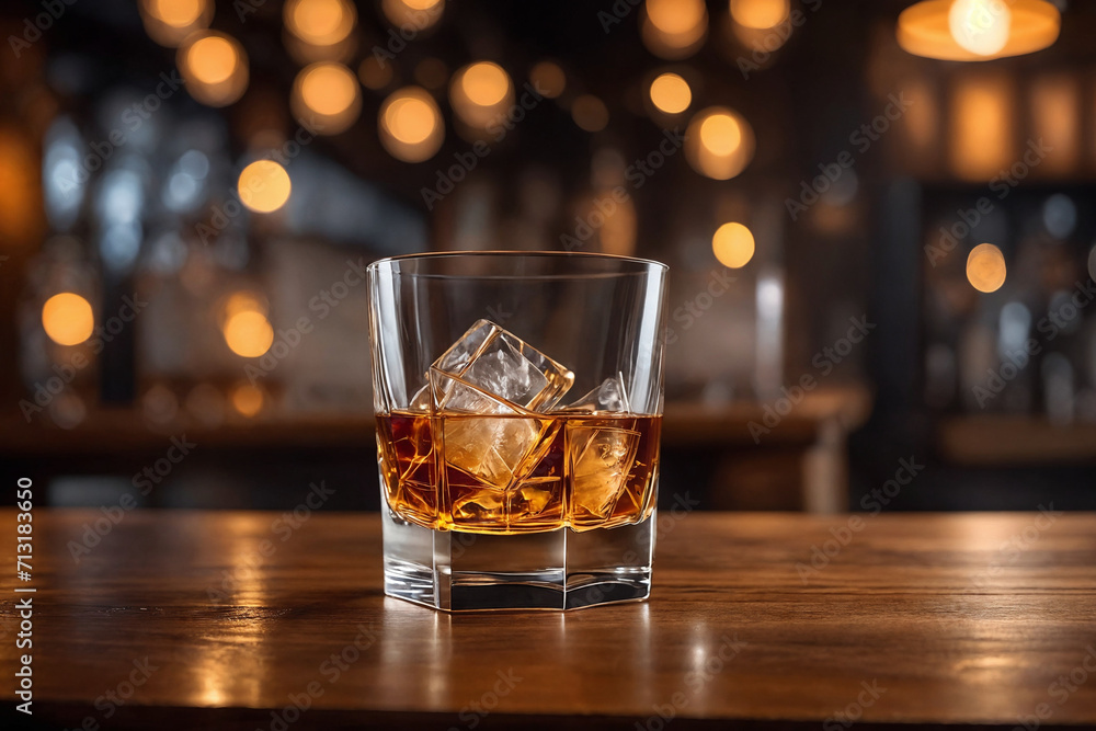 a glass of whiskey on the bar in front of the bar. Generative Ai a glass of whiskey on the bar in front of the bar. Generative Ai