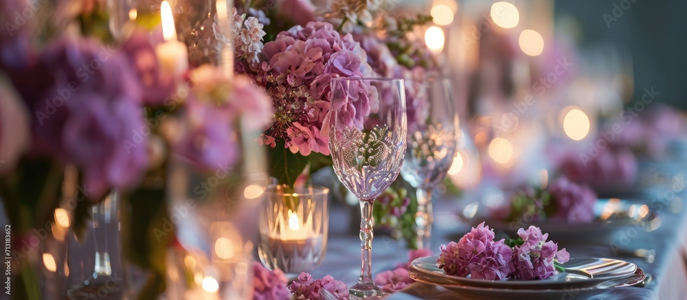 Table number 5 decorated with pink and violet hydrangeas and served with sparkling glassware. Copy space image. Place for adding text