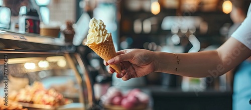 Seller in makes contactless payment for a client in the ice cream shop close up. Copy space image. Place for adding text
