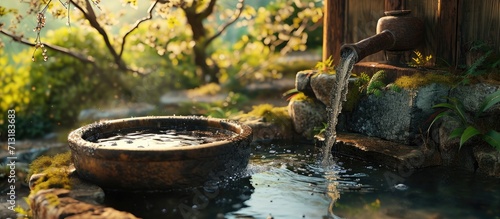 Historical scenery of Japan travel A long time ago when tap water was not yet widespread people used to draw water from wells. Copy space image. Place for adding text photo