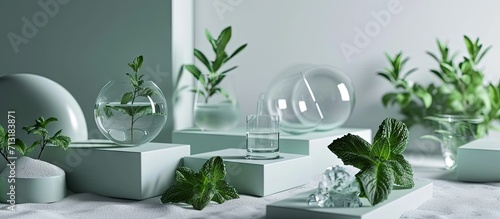 Geometric shaped transparent podiums decorated with fish mint leaves and some glassware Stage showcase on minimal podium display with Fish mint Houttuynia cordata extract. Copy space image photo