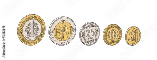 colorful hand drawn turkish liras set. turkish coin vector illustration. one turkish lira, 50 cents, 25 cents, 10 cents, 5 cents. turkish coins sketch photo