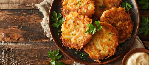Potato Cakes Vegetable fritters latkes hash browns Vegetable pancakes. Copy space image. Place for adding text photo