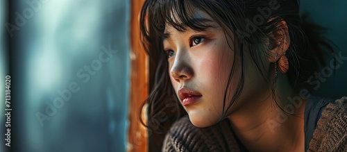 Asian girl feel depressed and cry due to accusation and suffer bullying. Copy space image. Place for adding text