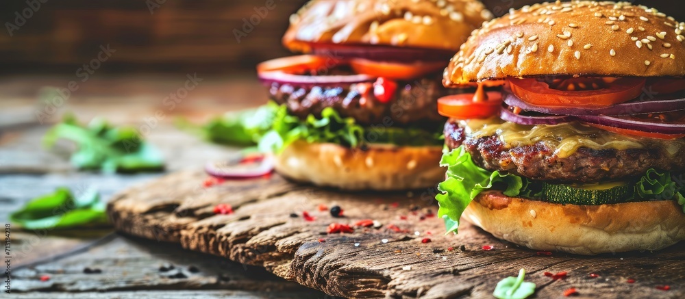 Closeup of two homemade burgers made A AC A AC from fresh vegetables. Copy space image. Place for adding text Closeup of two homemade burgers made A AC A AC from fresh vegetables. Copy space image. Place for adding text
