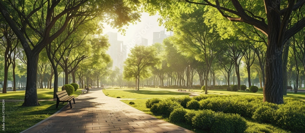 Obraz premium Panorama of big city park. Copy space image. Place for adding text