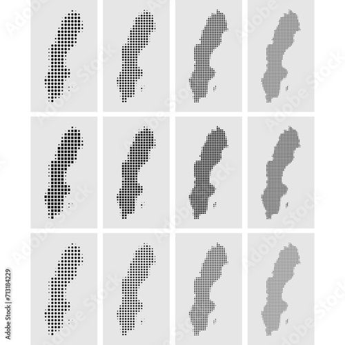 Sweden halftone pattern dot map made from a grid of small circles. Dots are black on a plain white background

