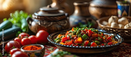 A high angle view color studio image of Egyptian Arabian Middle Eastern Traditional food Fava Beans with Vegetables Green Paprika A K A Foul Also served in Lebanon and most of Arabian countrie
