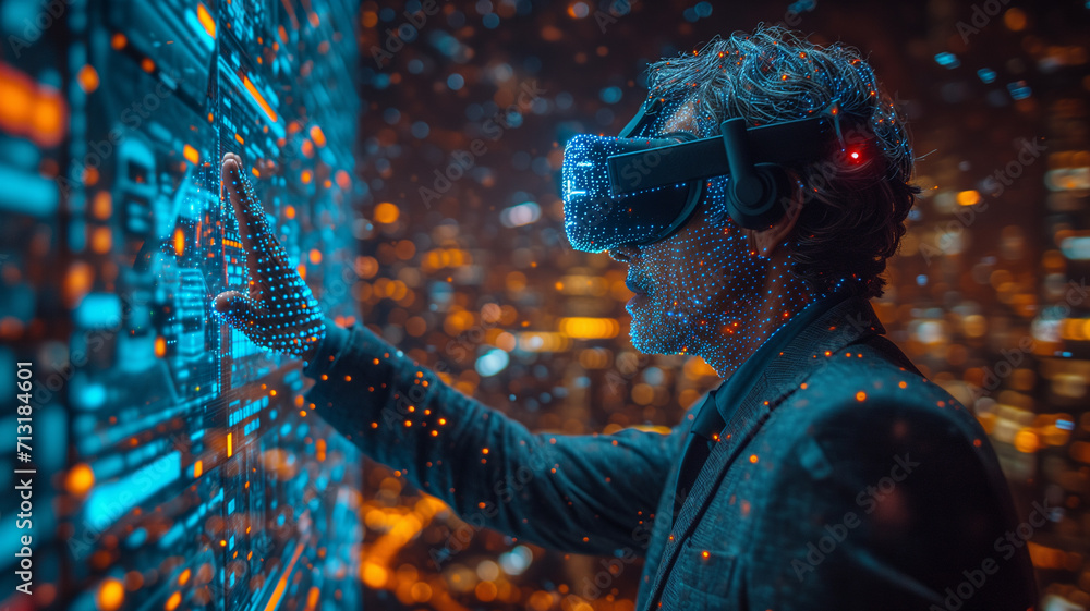 Businessman wearing virtual reality goggles in front of a night city background - obrazy, fototapety, plakaty 