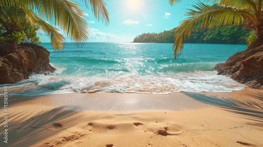 Sunny summer beach with palms background , copy space for product