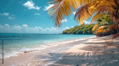 Sunny summer beach with palm leaves background , copy space for product