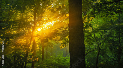 Sunlight Piercing Through Verdant Forest