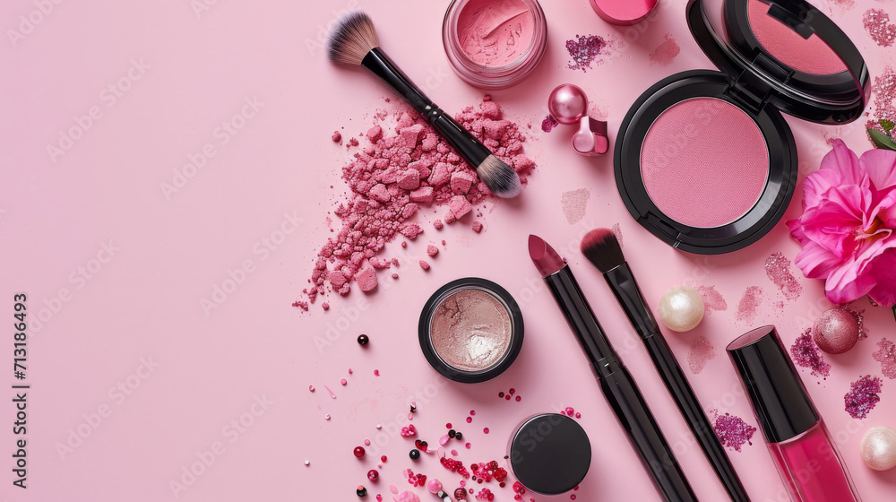 The make-up is on a black table, dressing room. The make-up is on a black table, dressing room.