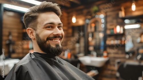 Handsome young man with beard and cool hairstyle smiling at the hairdresser or hairstyling studio, male barber client, grooming saloon, youthful guy smiling, beautician profession treatment customer