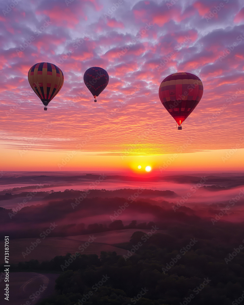 Fototapeta premium Hot Air Balloons Against Vibrant Sunrise Sky