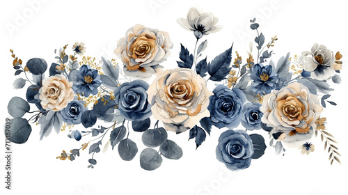 blue watercolor,  flowers roses of navy blue, white and gold on a white background, decorative pattern, of floral motifs, minimalist  design #713187039