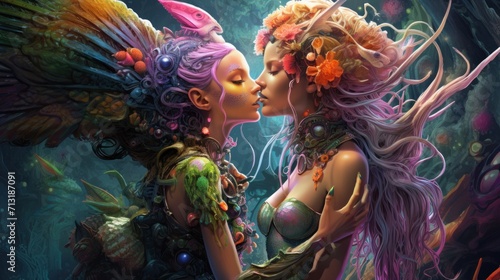 A couple of women kissing each other in a forest