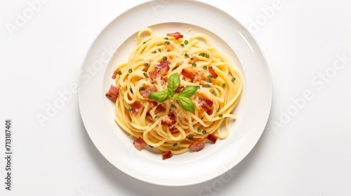A white plate topped with pasta and bacon