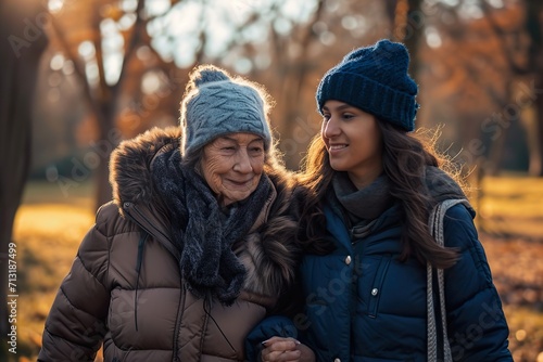 young woman and grandmother walking at the park in the winter photo