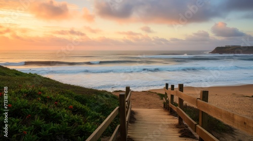 Empty wooden walkway on the ocean coast in the sunset time, pathway to beach