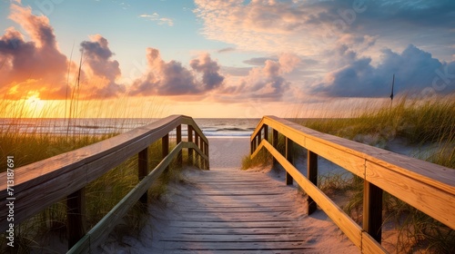 Empty wooden walkway on the ocean coast in the sunset time  pathway to beach
