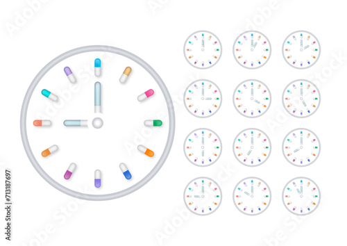 colorful capsules in the shape of a clock. twelve step clock capsules. colored capsules around the circle