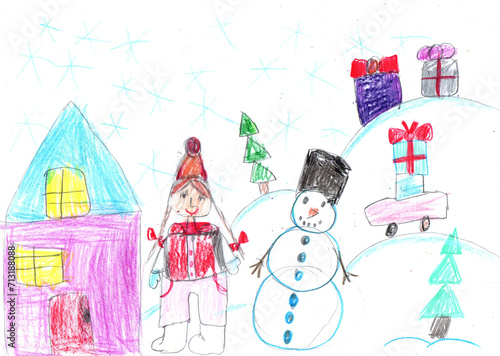 Child drawing. Children play with snow outside christmas tree.Vacation, holiday, New year, Christmas