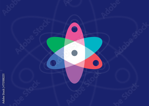 colorful atom symbol on dark blue background. atom concept for science, education, chemistry
