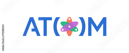 colorful atom symbol on white background. atom word and atom symbol