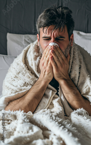 A middle-aged man is in bed with the flu and blows his runny nose