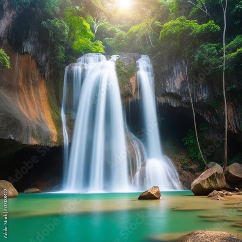 Majestic Waterfall in Lush Forest  A Serene and Tranquil Natural Beauty