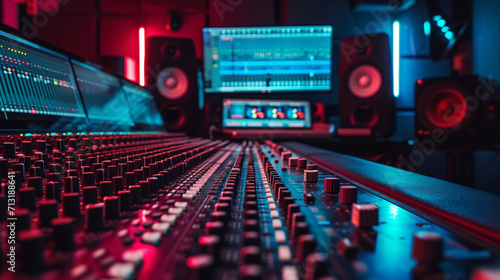 Step into the creative realm of a sound studio. Artistic composition and generative AI techniques converge to create a visually engaging and evocative depiction of audio craftsmanship.