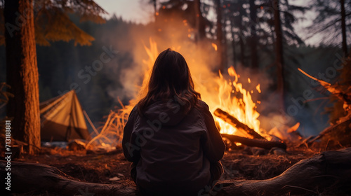 Young woman sitting by the campfire in the forest  © alionaprof
