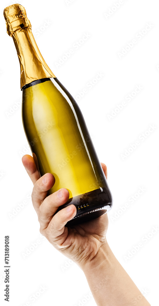 Delicious sparkling wine degustation. Cropped image of male hand holding bottle of champagne against transparent background. Concept of alcohol, drink, party, degustation, holiday. Delicious sparkling wine degustation. Cropped image of male hand holding bottle of champagne against transparent background. Concept of alcohol, drink, party, degustation, holiday.