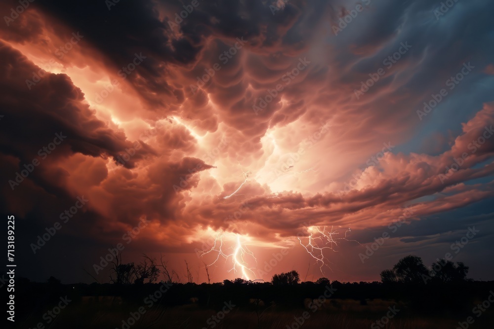 Lightning thunder and stormy grey clouds. Generative AI Lightning thunder and stormy grey clouds. Generative AI