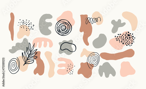Modern hand drawn plant leaf and tropical shape decoration set. Pastel color doodle bundle for fashion design  summer season or natural concept. 
