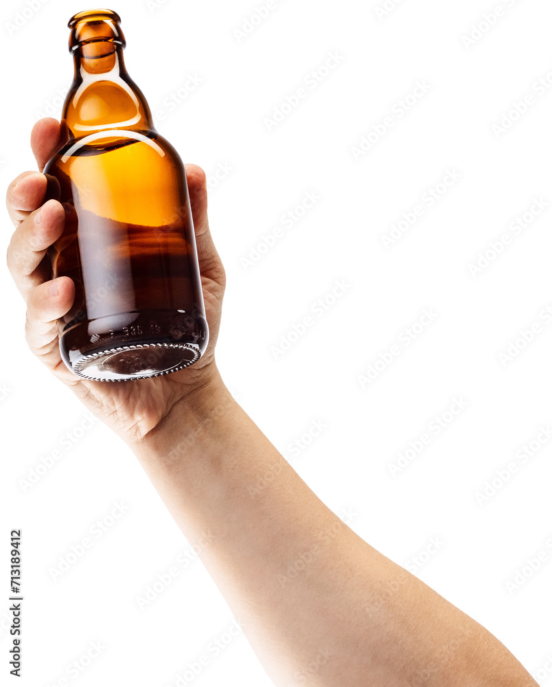 Cropped image of male hand holding bottle of strong dark Bavarian beer against transparent background. Concept of Oktoberfest, traditions, culture, pub, alcohol drinks. Ad Cropped image of male hand holding bottle of strong dark Bavarian beer against transparent background. Concept of Oktoberfest, traditions, culture, pub, alcohol drinks. Ad