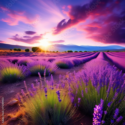 Breathtaking Lavender Fields at Sunset with Majestic Mountain Backdrop, Vibrant Colors