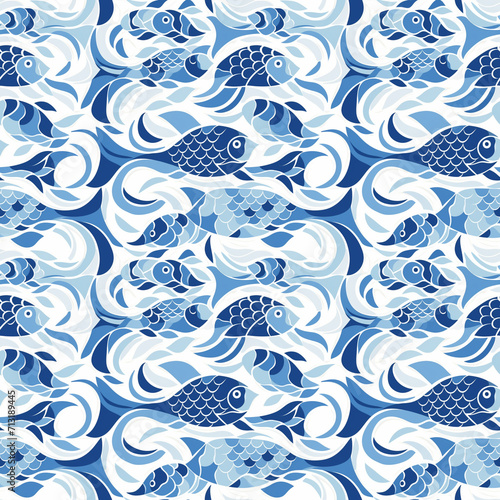 Generative Ai White and blue fish seamless pattern on white surface. Suitable for fabric, wallpaper, prints, home decoration products, children's clothing, etc.