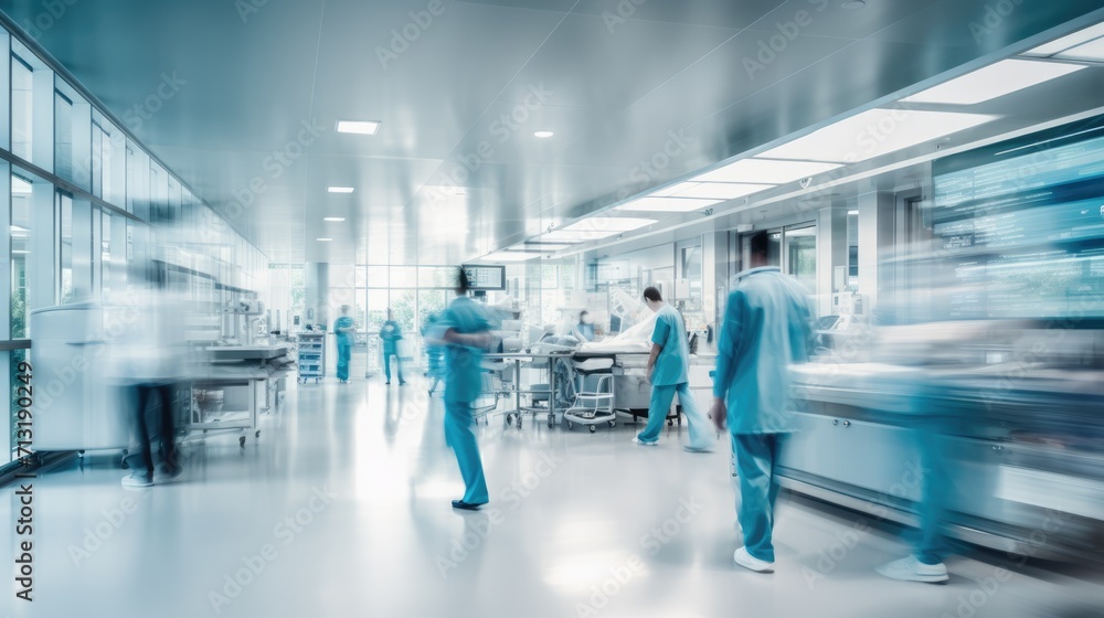 A motion blurred photograph of a hospital interior, doctor and staff working with fast movement A motion blurred photograph of a hospital interior, doctor and staff working with fast movement