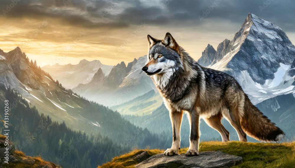 wolf in the mountains, art design wolf in the mountains, art design