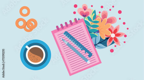 beautiful and pleasant vector illustration of an office desk with a blank blanc ruler and pen, flowers and coffee with bagels